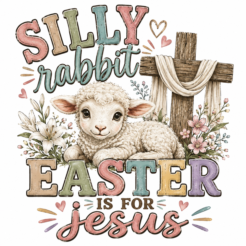 Silly Rabbit Easter is for Jesus DTF design with lamb cross and Easter lilies