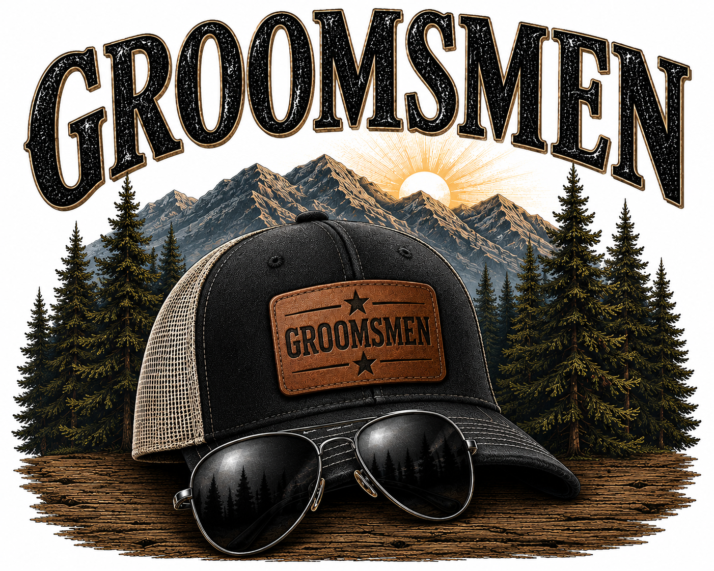 Groomsmen Mountain Adventure t-shirt design with trucker hat and sunglasses