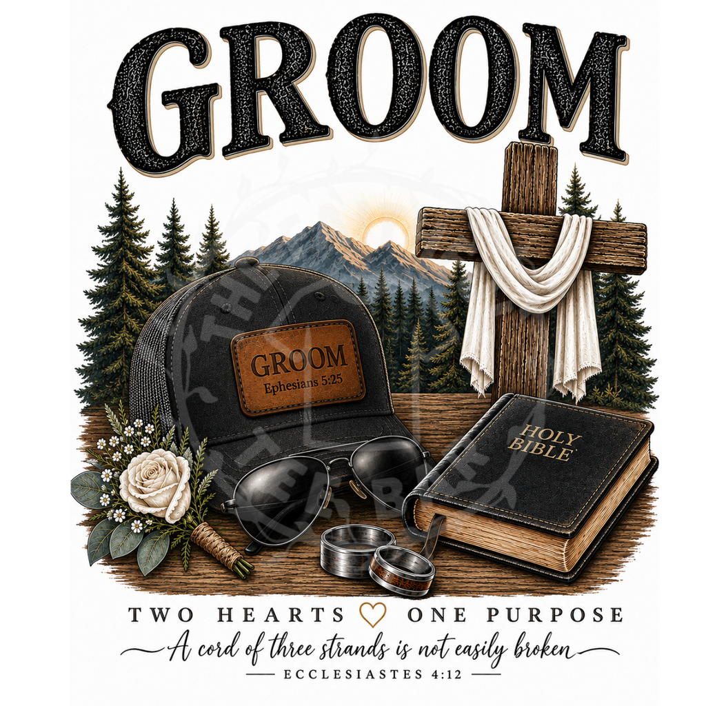 Groom Two Hearts One Purpose faith wedding t-shirt design with cross and Holy Bible
