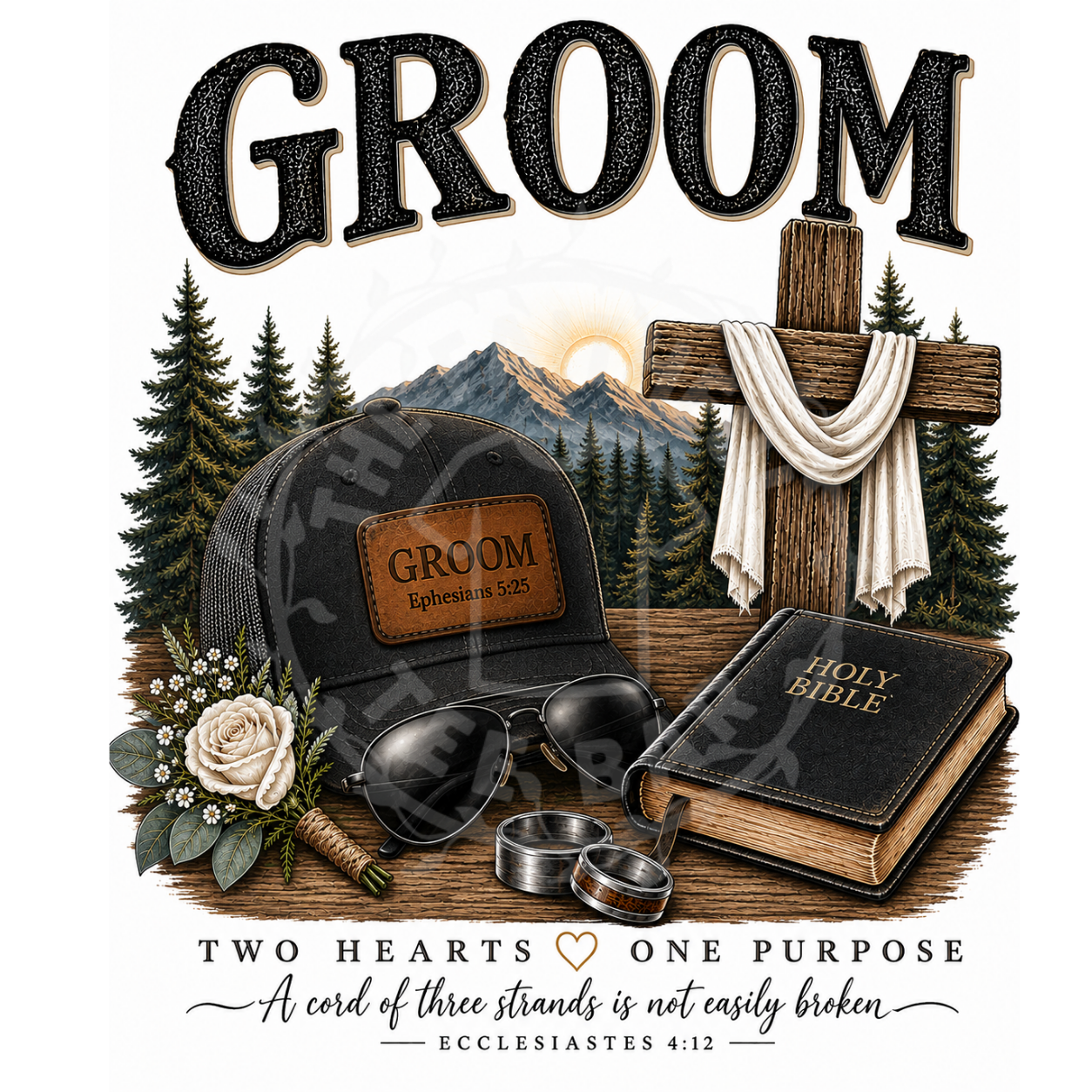 Groom Two Hearts One Purpose faith wedding t-shirt design with cross and Holy Bible