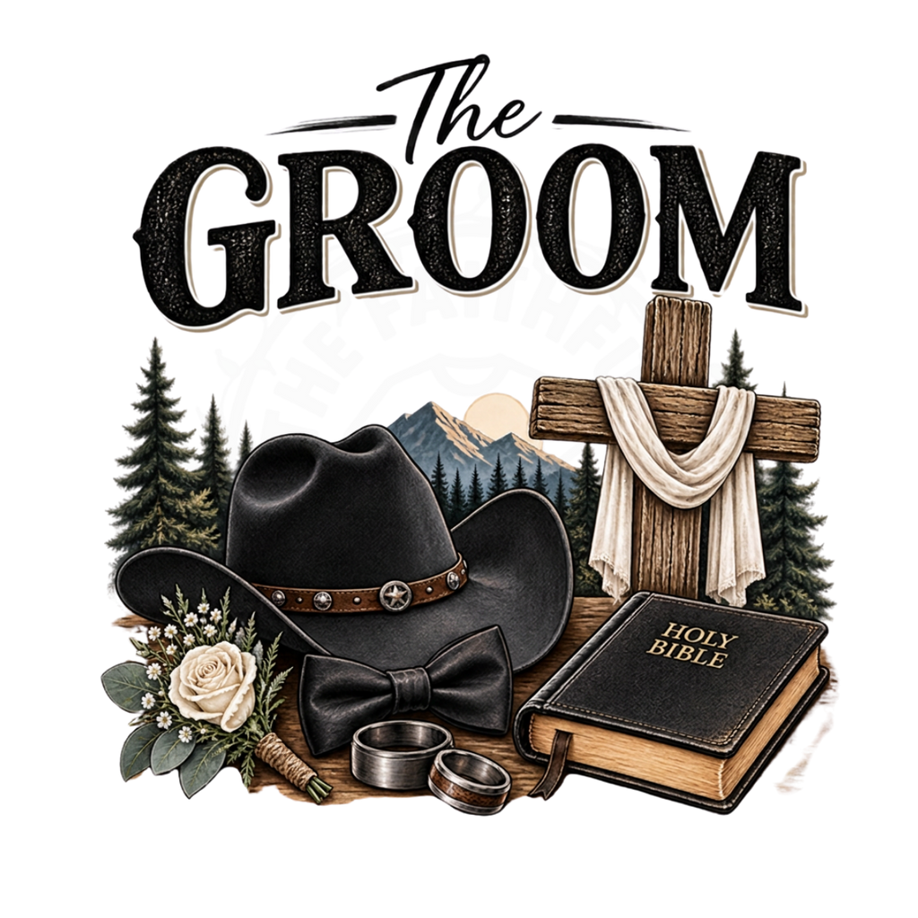 The Groom Western Faith t-shirt design with cowboy hat cross and Holy Bible