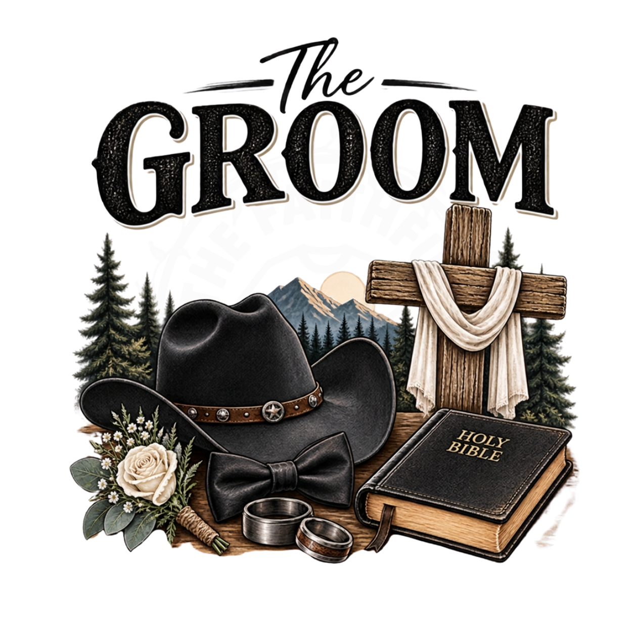 The Groom Western Faith t-shirt design with cowboy hat cross and Holy Bible
