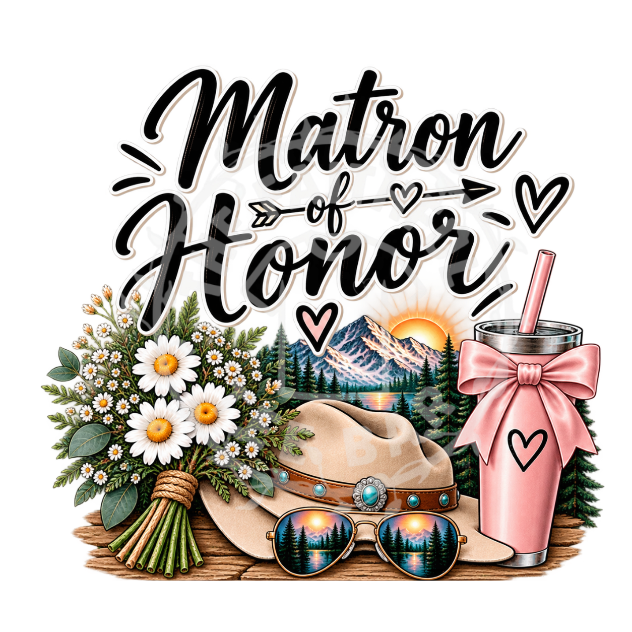Matron of Honor Western Sunshine t-shirt design with daisies cowboy hat and pink bow tumbler