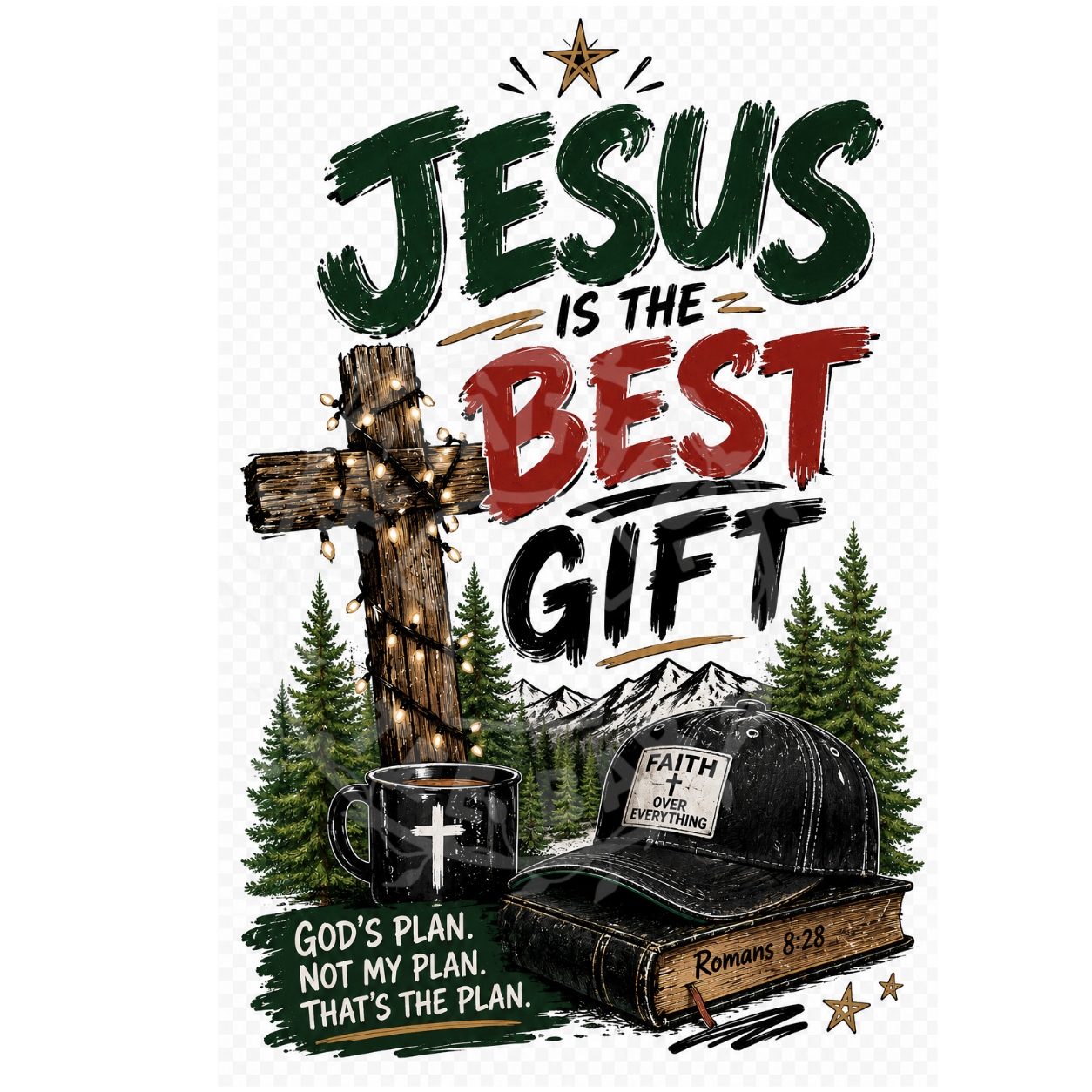 Jesus is the Best Gift Christmas faith t-shirt with cross wrapped in lights and Romans 8:28